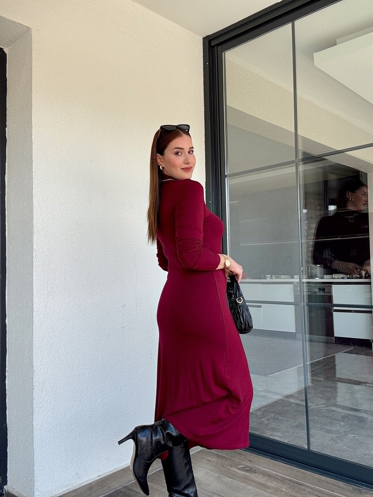 Dik yaka elbise-BORDO