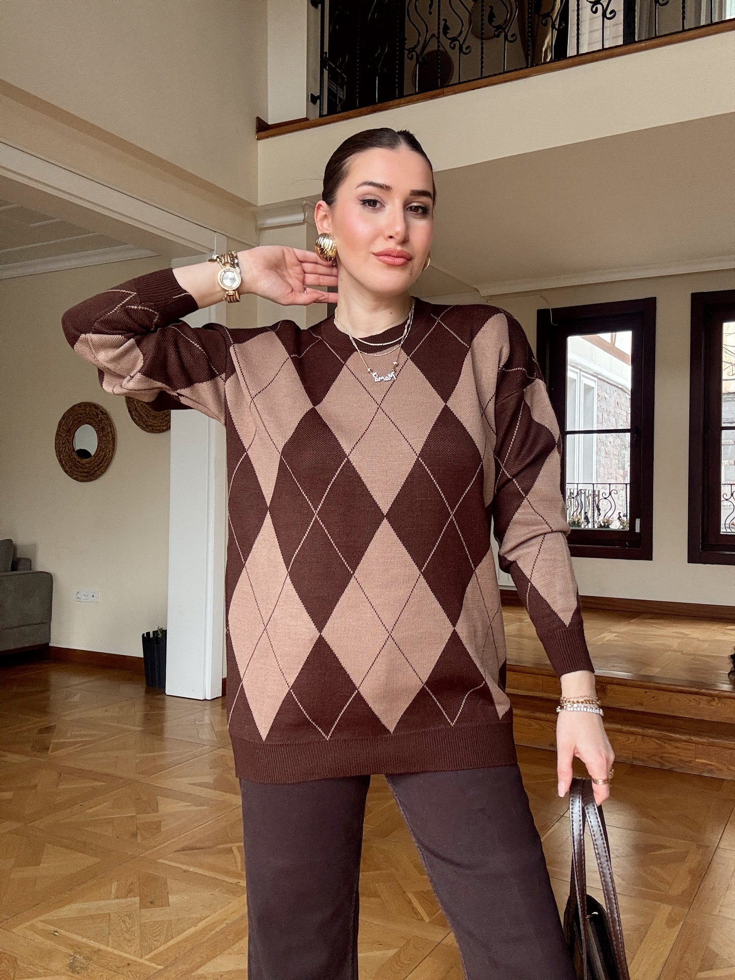 Pike Örgü Baklava Desenli Kazak Kahve
