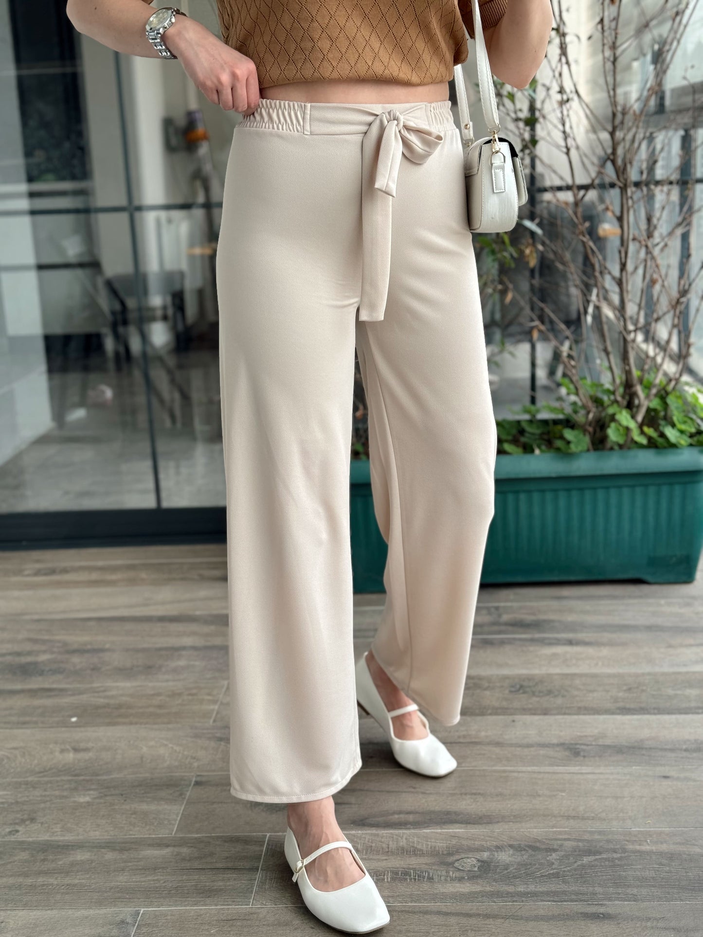 Kuşaklı Crep Kumaş Palazzo Pantolon-BEJ