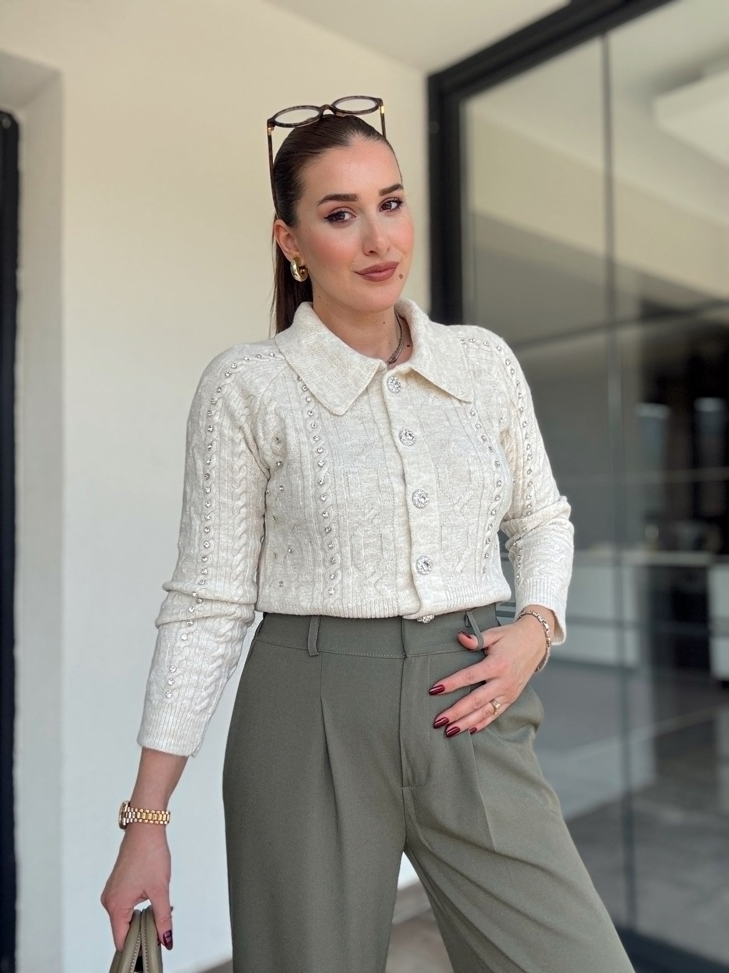 Örgü taşlı ceket-LATTE