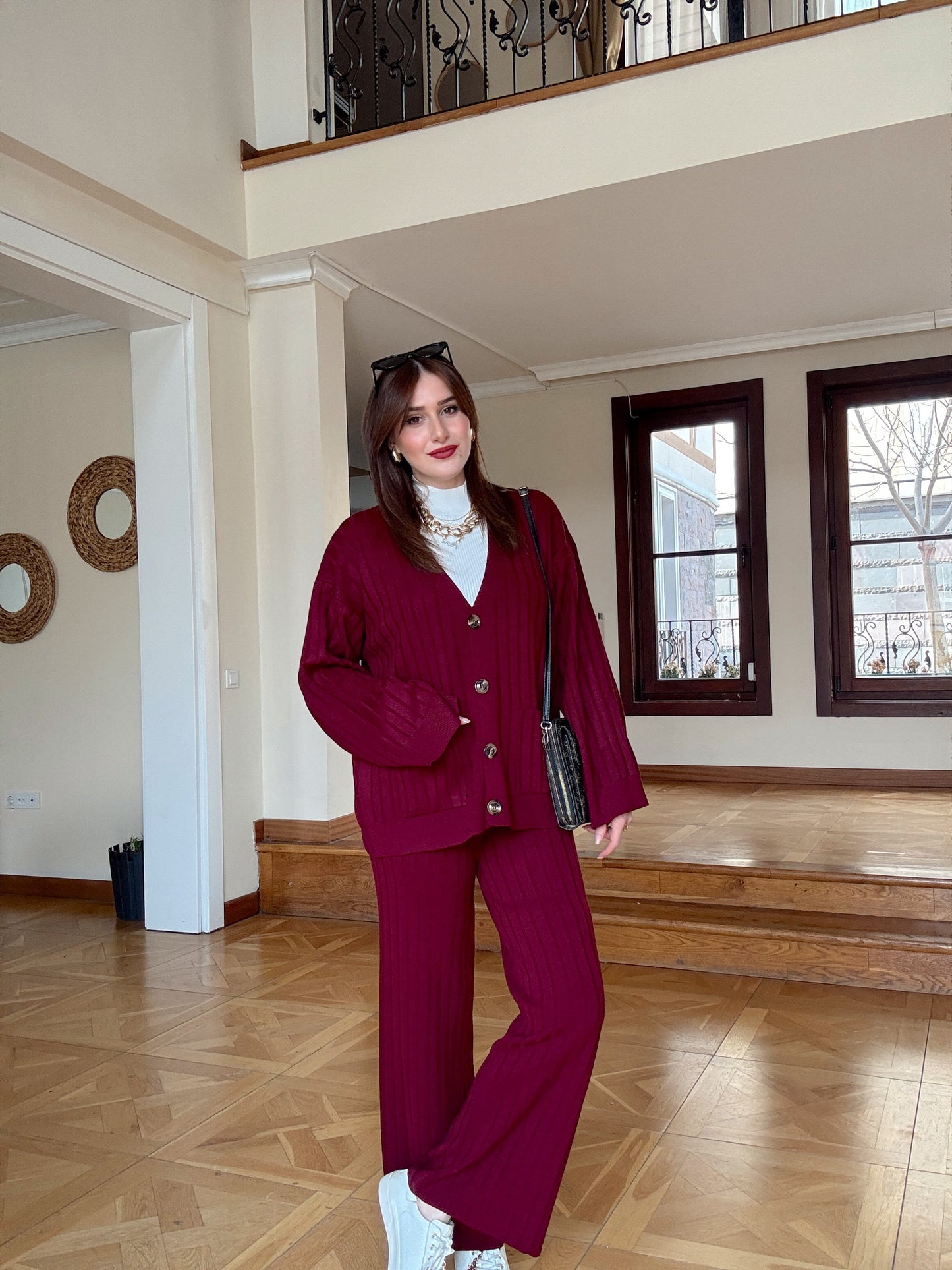 Düğmeli salaş triko takım Bordo