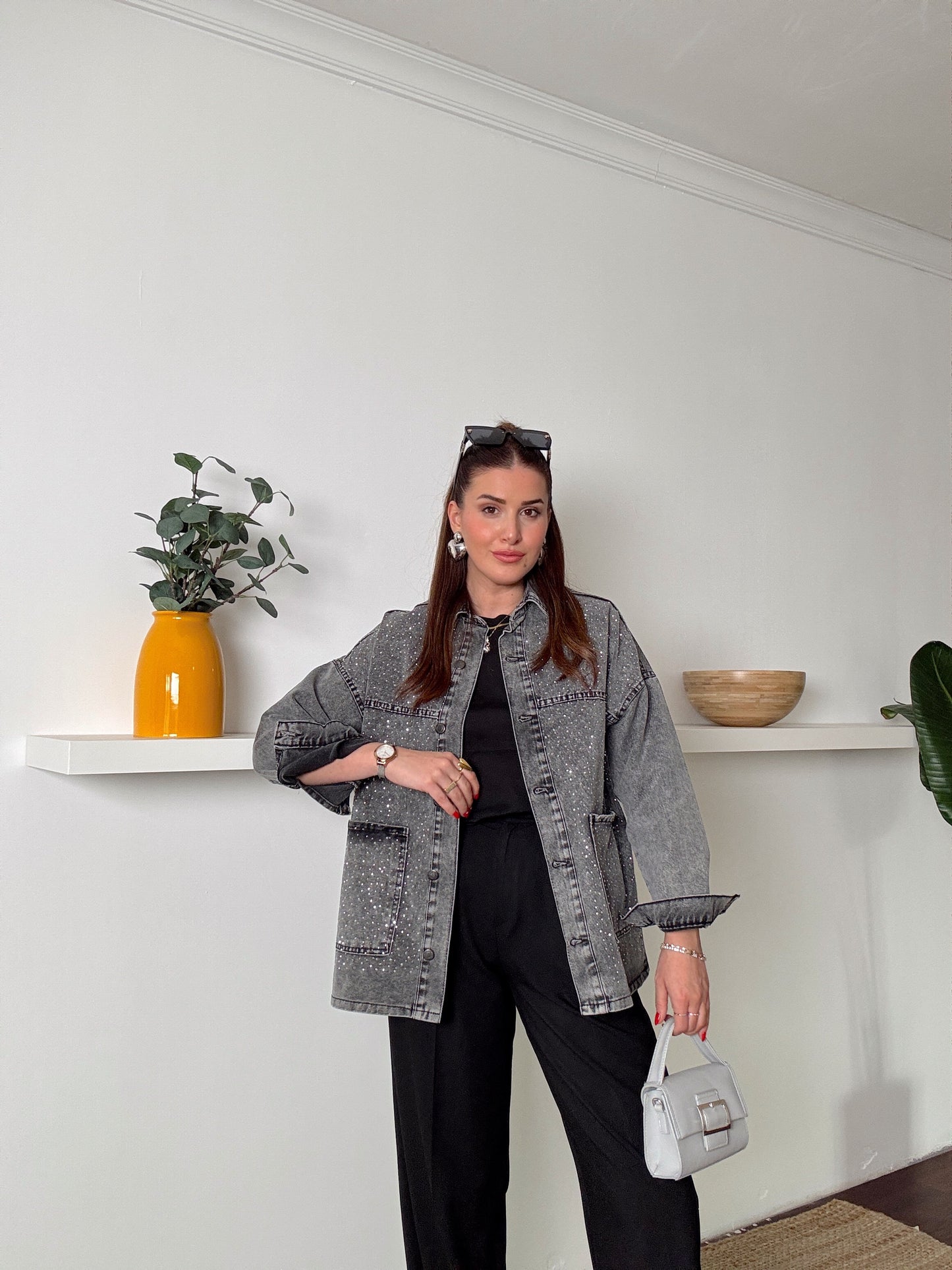 Cepli Taşlı oversize jean ceket Füme