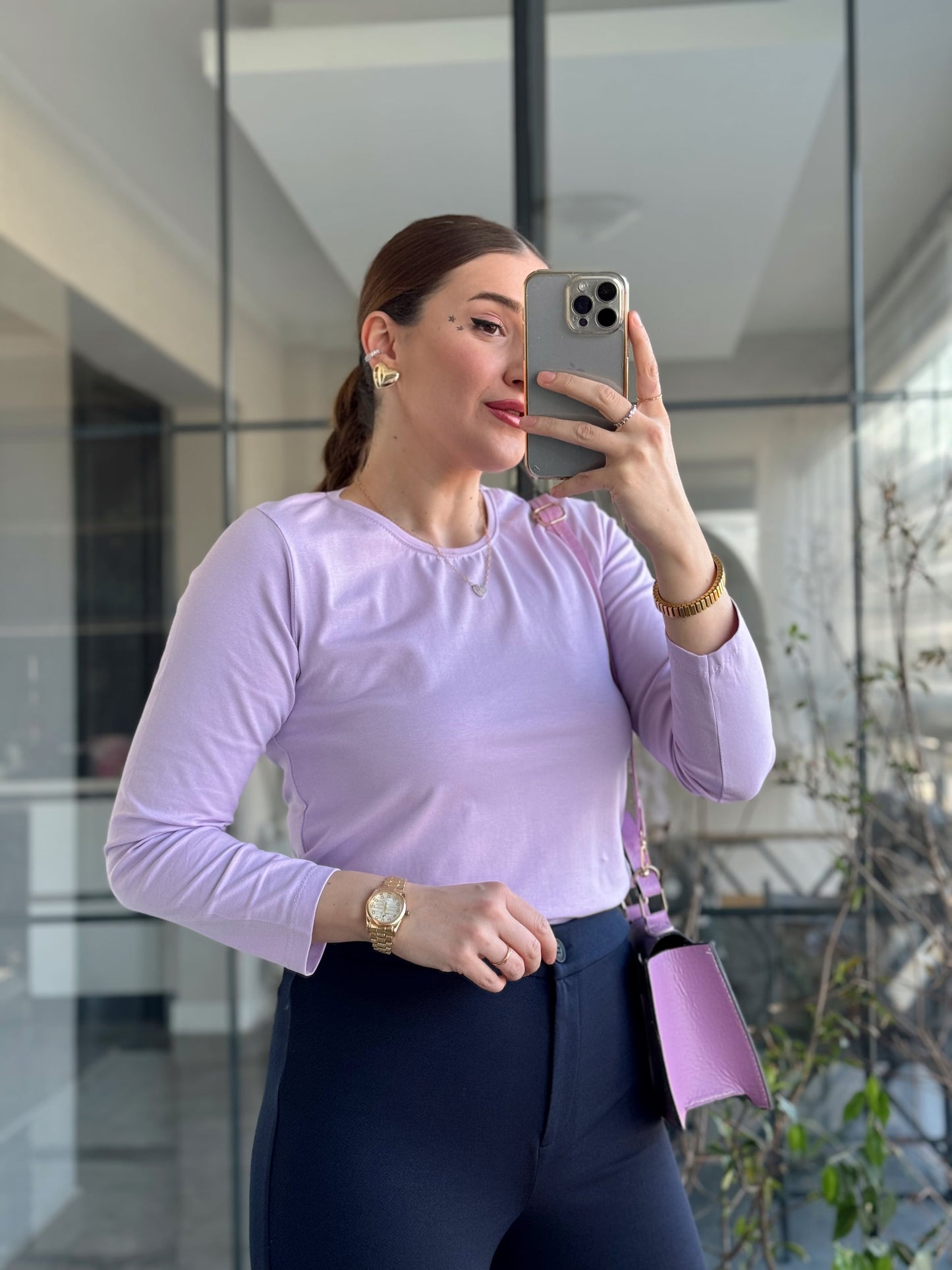 Sıfır Yaka Basic Uzun Kol Badi - LİLA