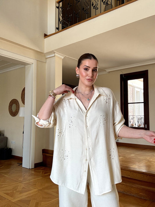 Keten kumaş taşlı oversize gömlek BEJ
