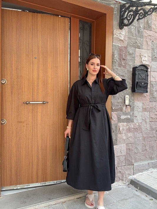 Kuşak detaylı düğmeli poplin elbise SİYAH
