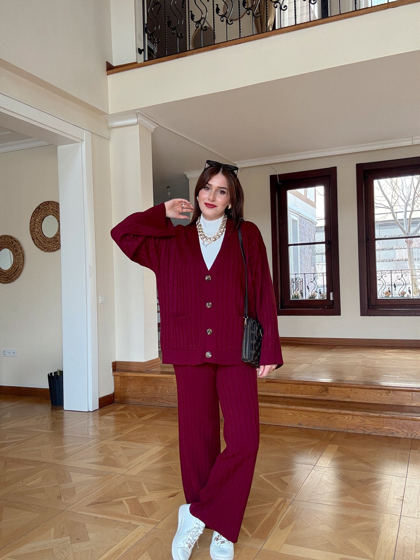 Düğmeli salaş triko takım Bordo