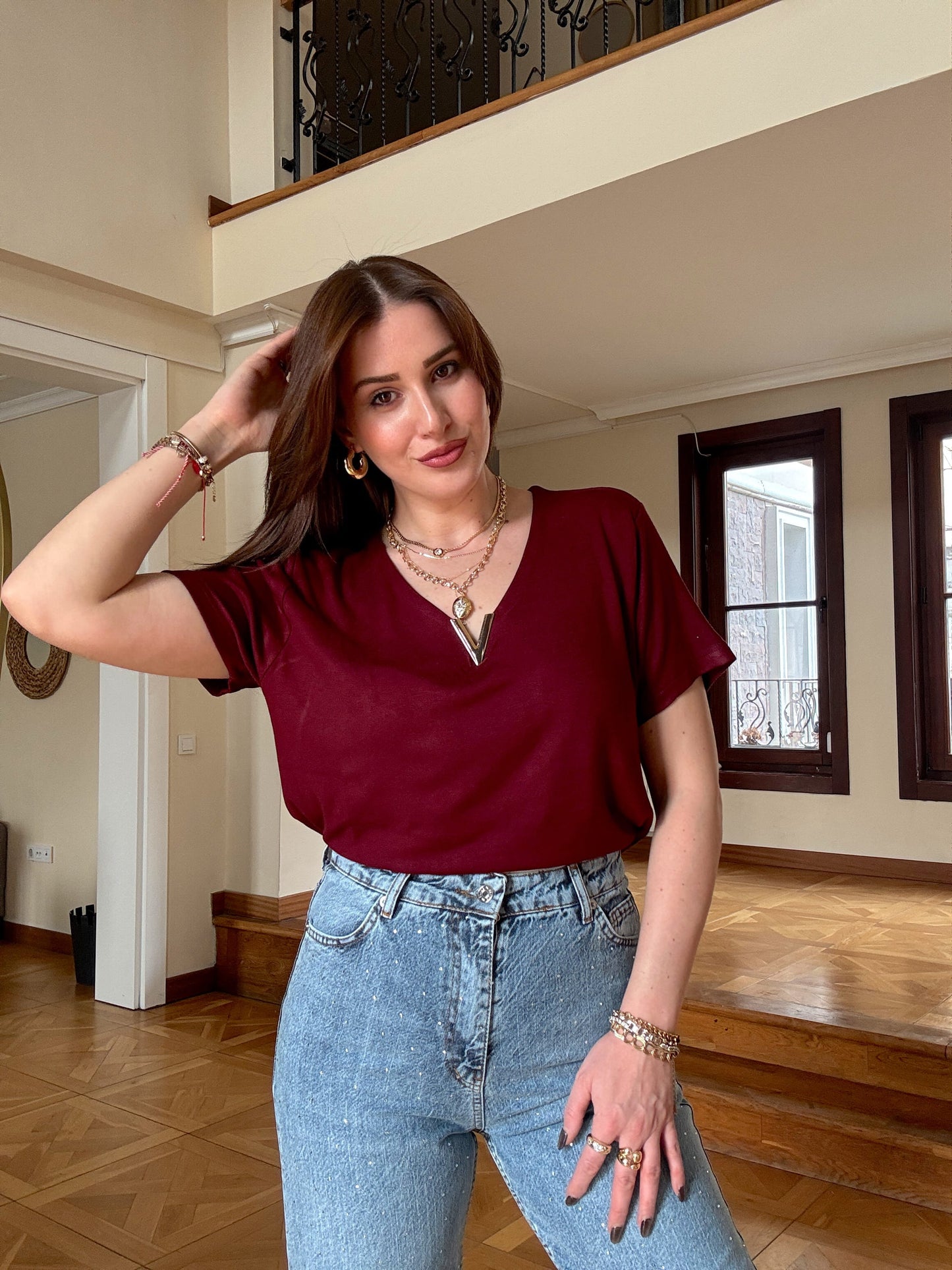 Modal Aksesuarlı Bluz Bordo
