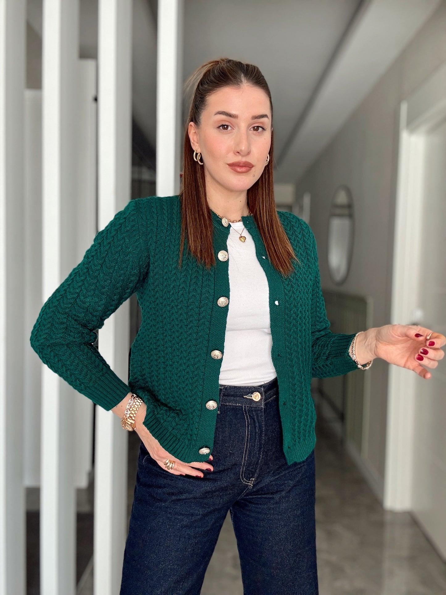 Örgülü Gold Düğme Hırka - ZÜMRÜT