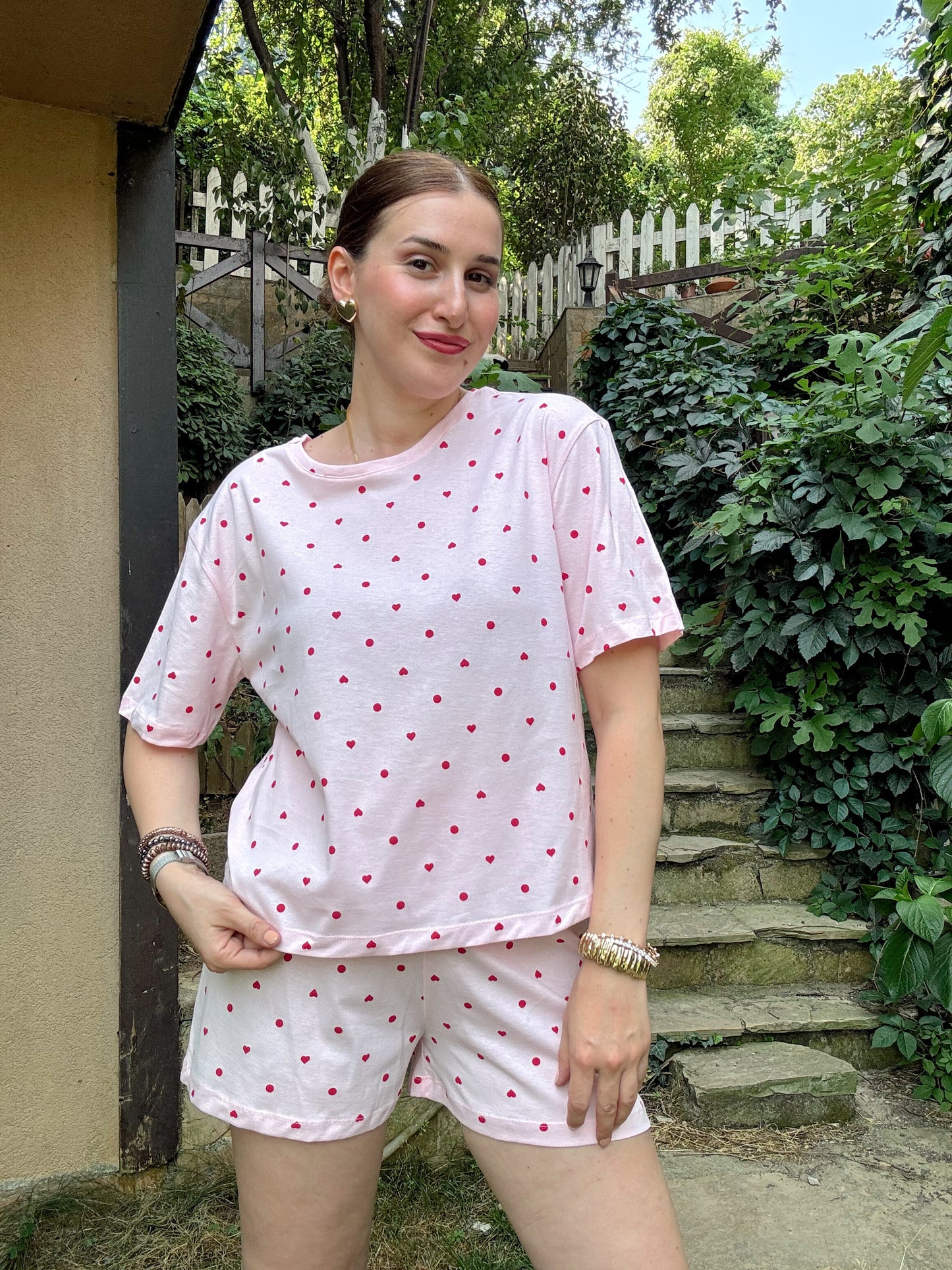 Desenli Şortlu Pijama Takımı PEMBE KIRMIZI
