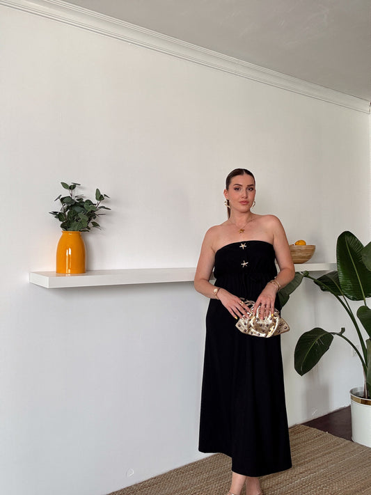 Straplez gold düğme detaylı fitilli elbise SİYAH