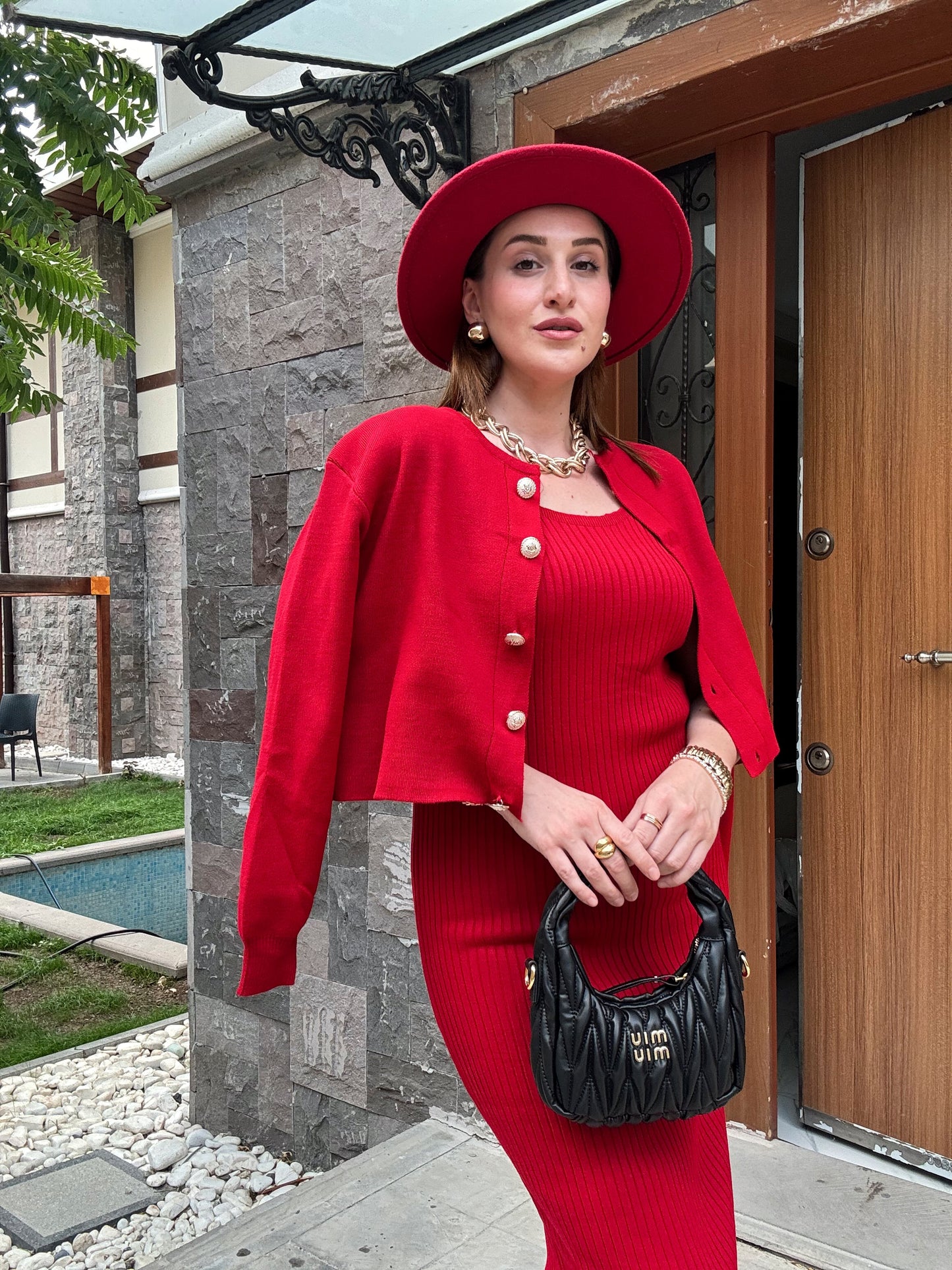 Ceketli Elbiseli Triko Takım - KIRMIZI