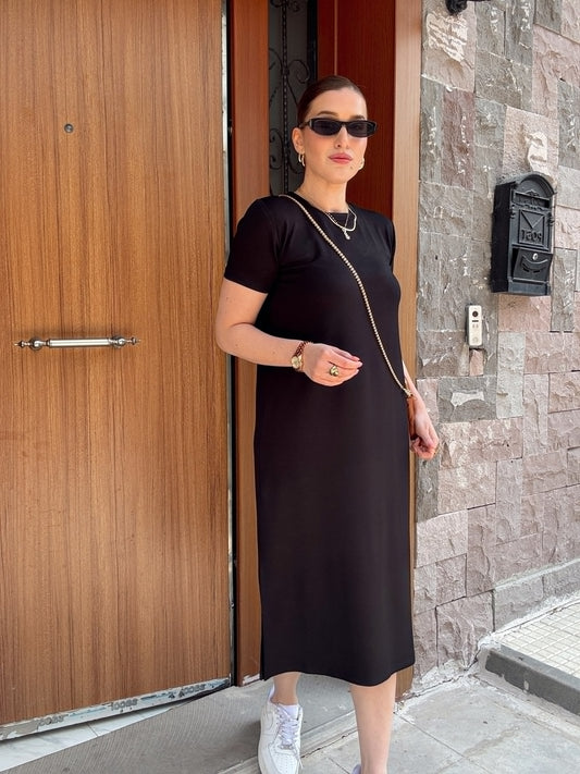 Bisiklet Yaka Modal Kumaş Elbise SİYAH