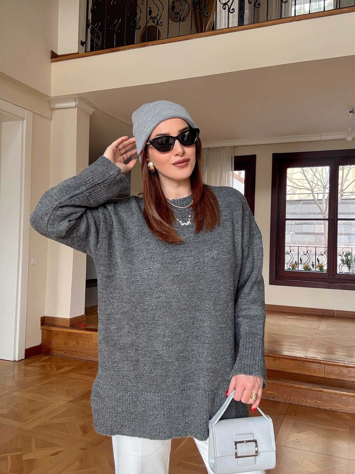 Yumoş sıfır yaka salaş kazak-ANTRASİT