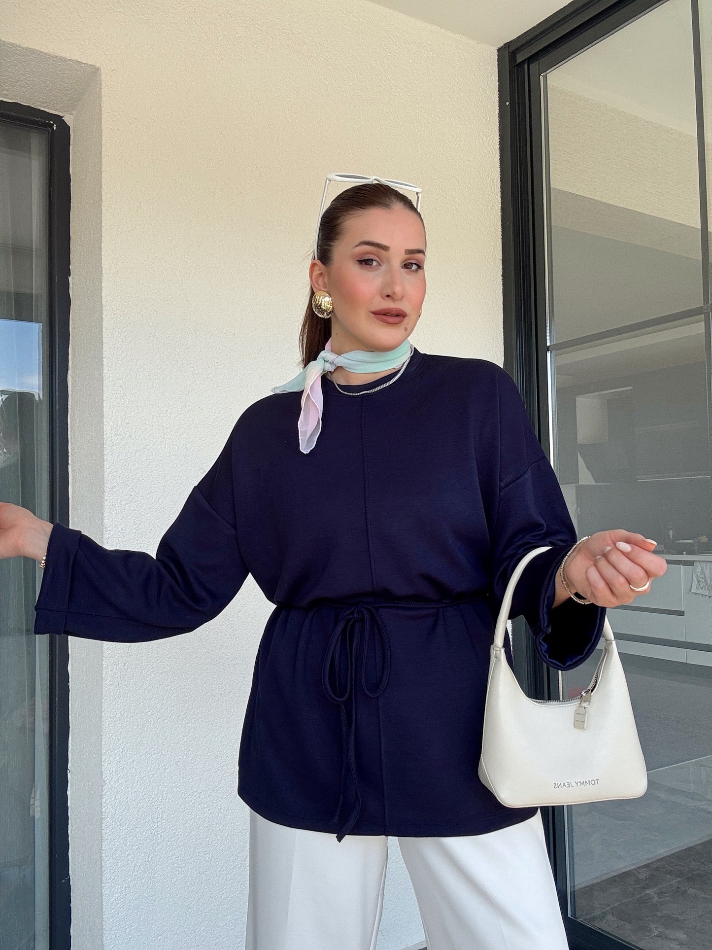 Modal kumaş duble kol tunik-LACİVERT