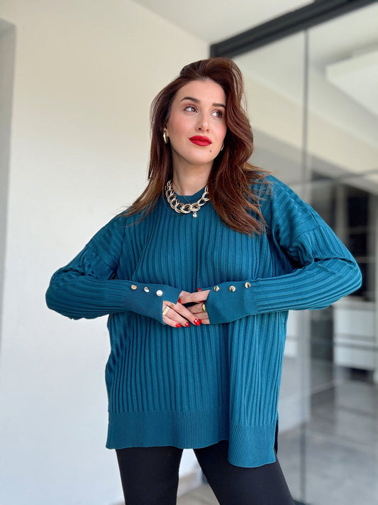 Oversize kesim kol düğmeli kazak YEŞİL