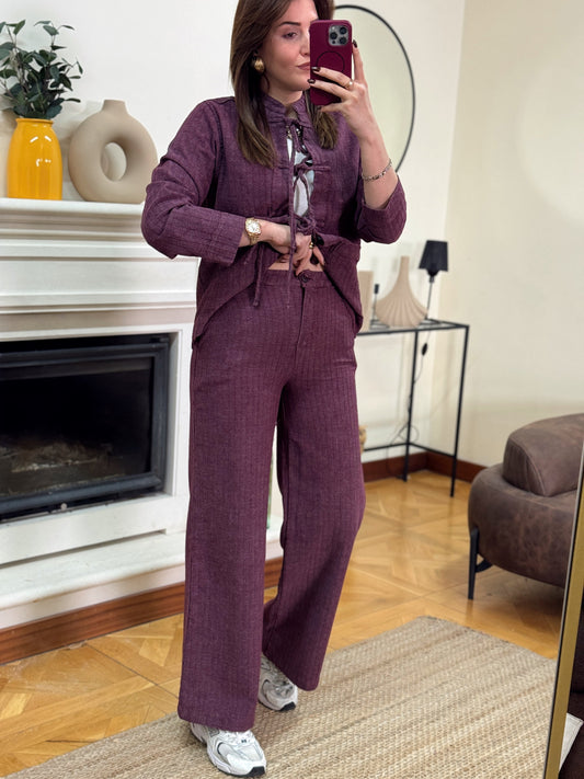 RUFFY bağlamalı yıkamalı gabardin ikili takım BORDO