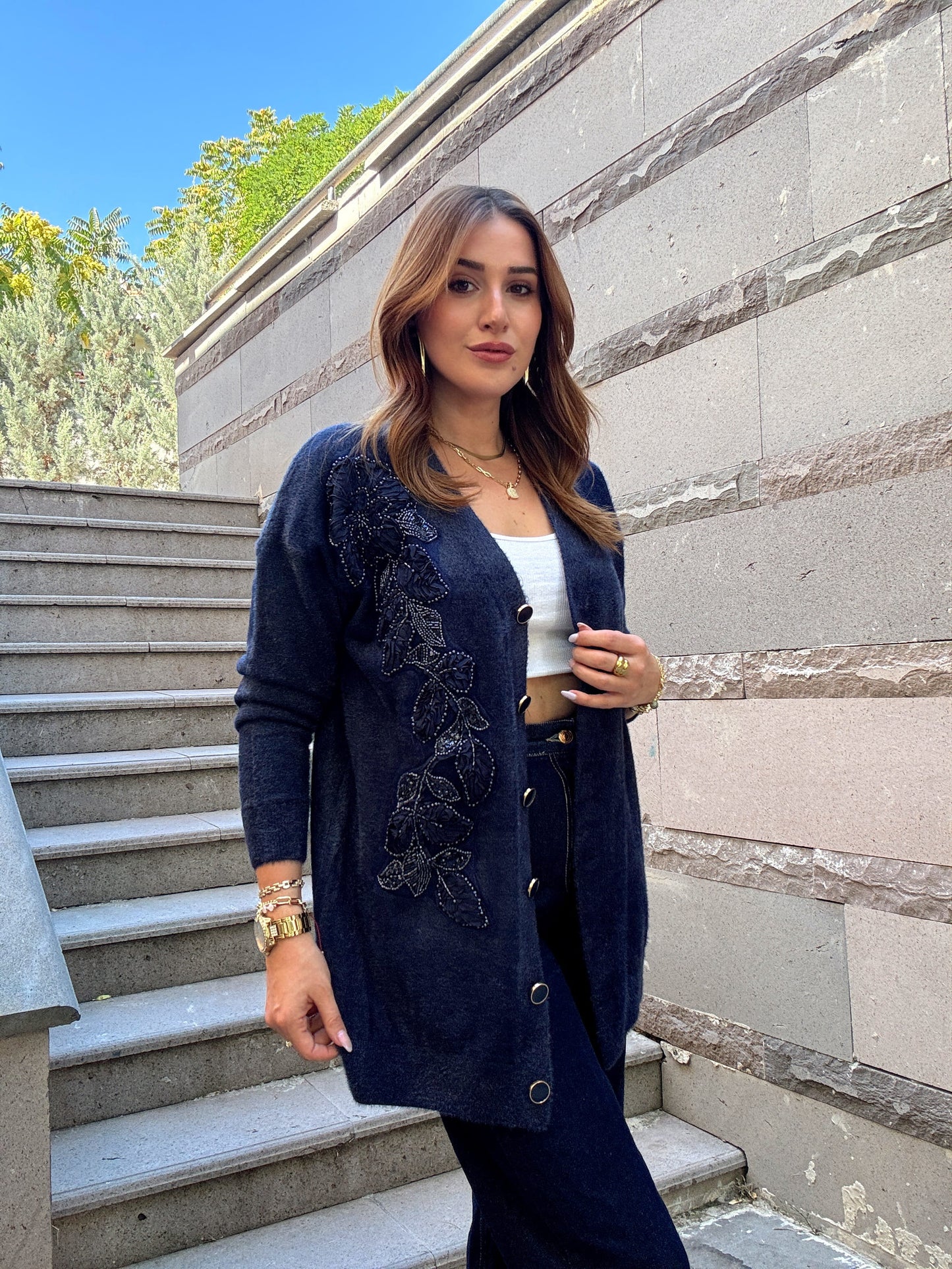 Çiçek desenli sakal kumaş hırka Lacivert