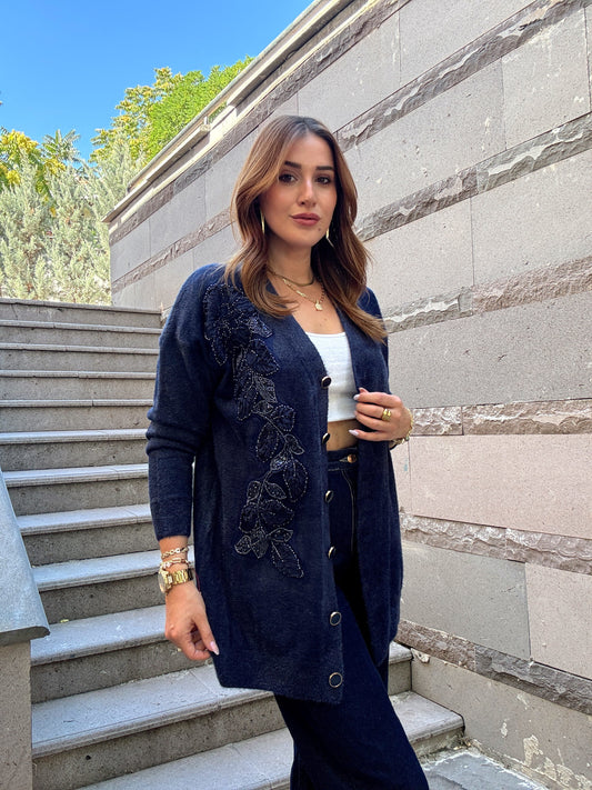Çiçek desenli sakal kumaş hırka Lacivert