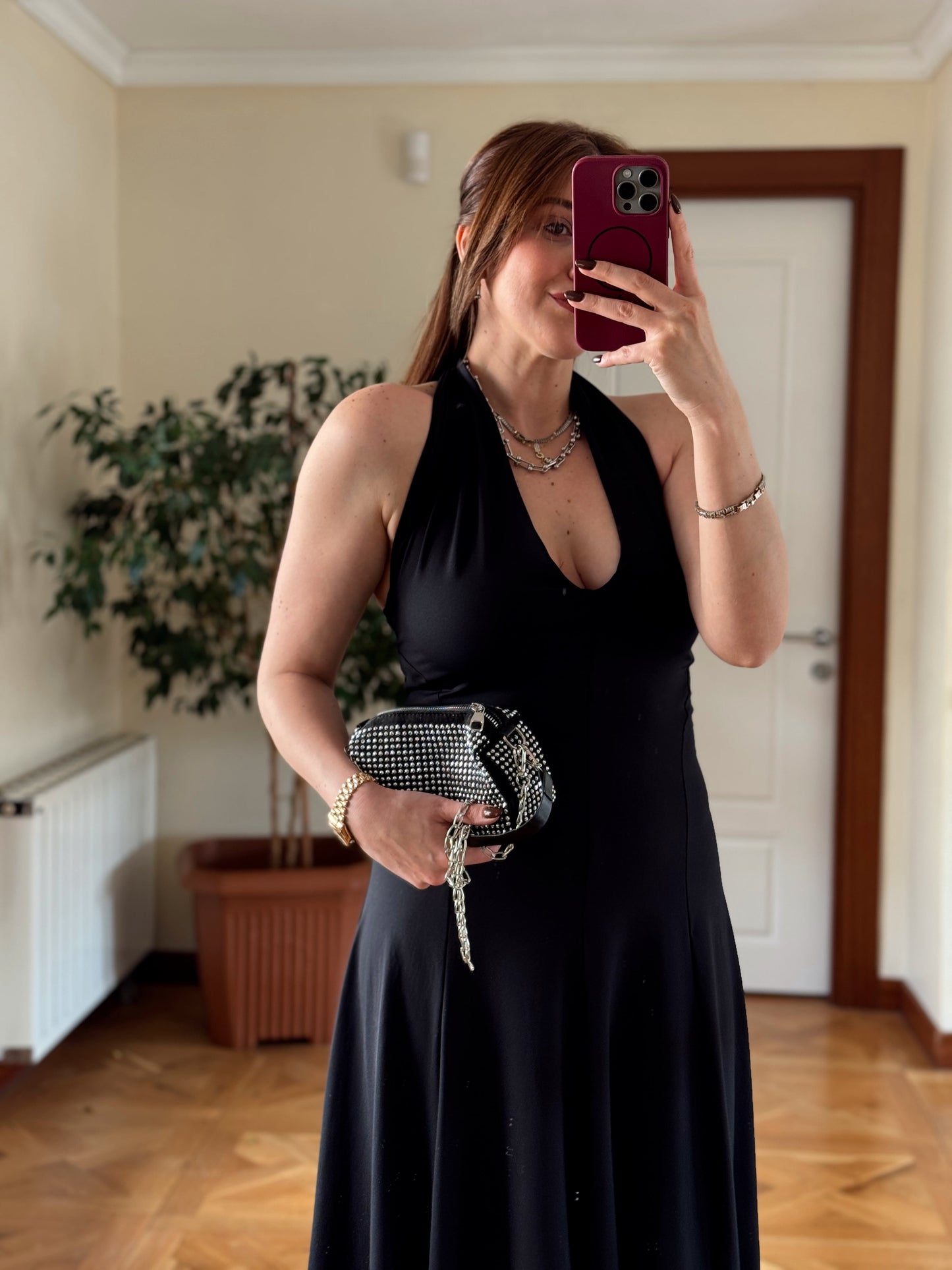 Dalgıç kumaş boyun geçme elbise-SİYAH