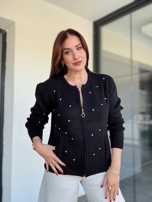Fermuarlı Taşlı Triko Ceket Siyah