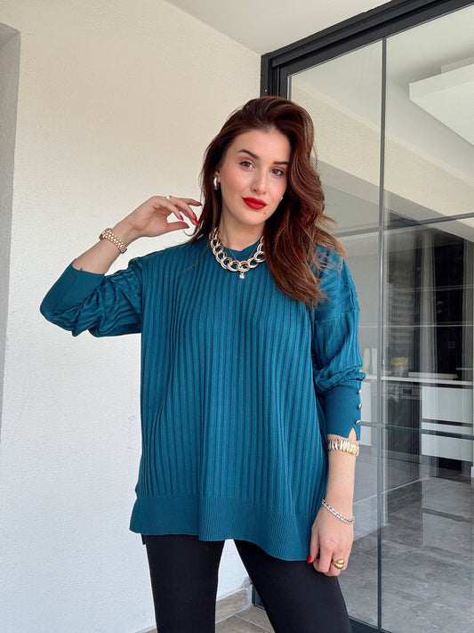 Oversize kesim kol düğmeli kazak YEŞİL