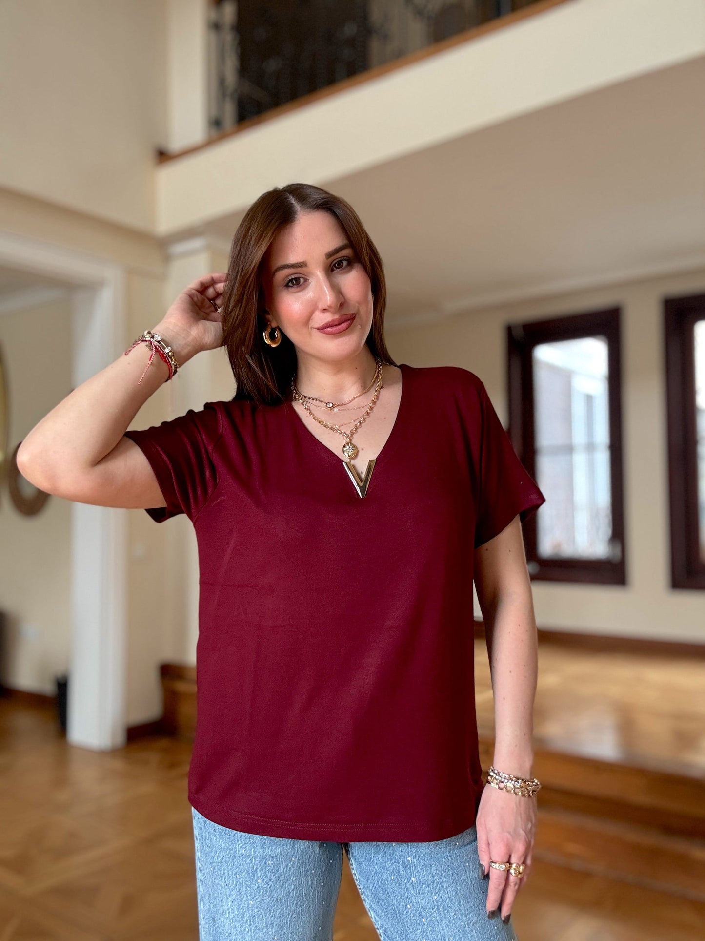 Modal Aksesuarlı Bluz Bordo