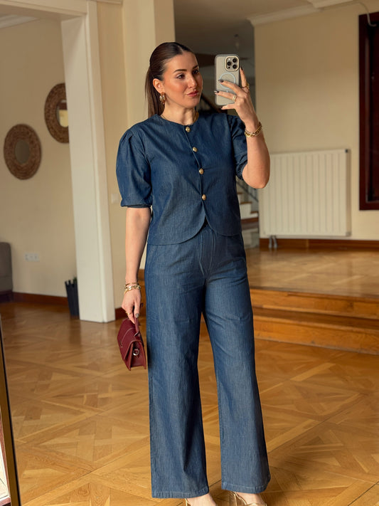 Tencel Bol Paça Pantolon-MAVİ