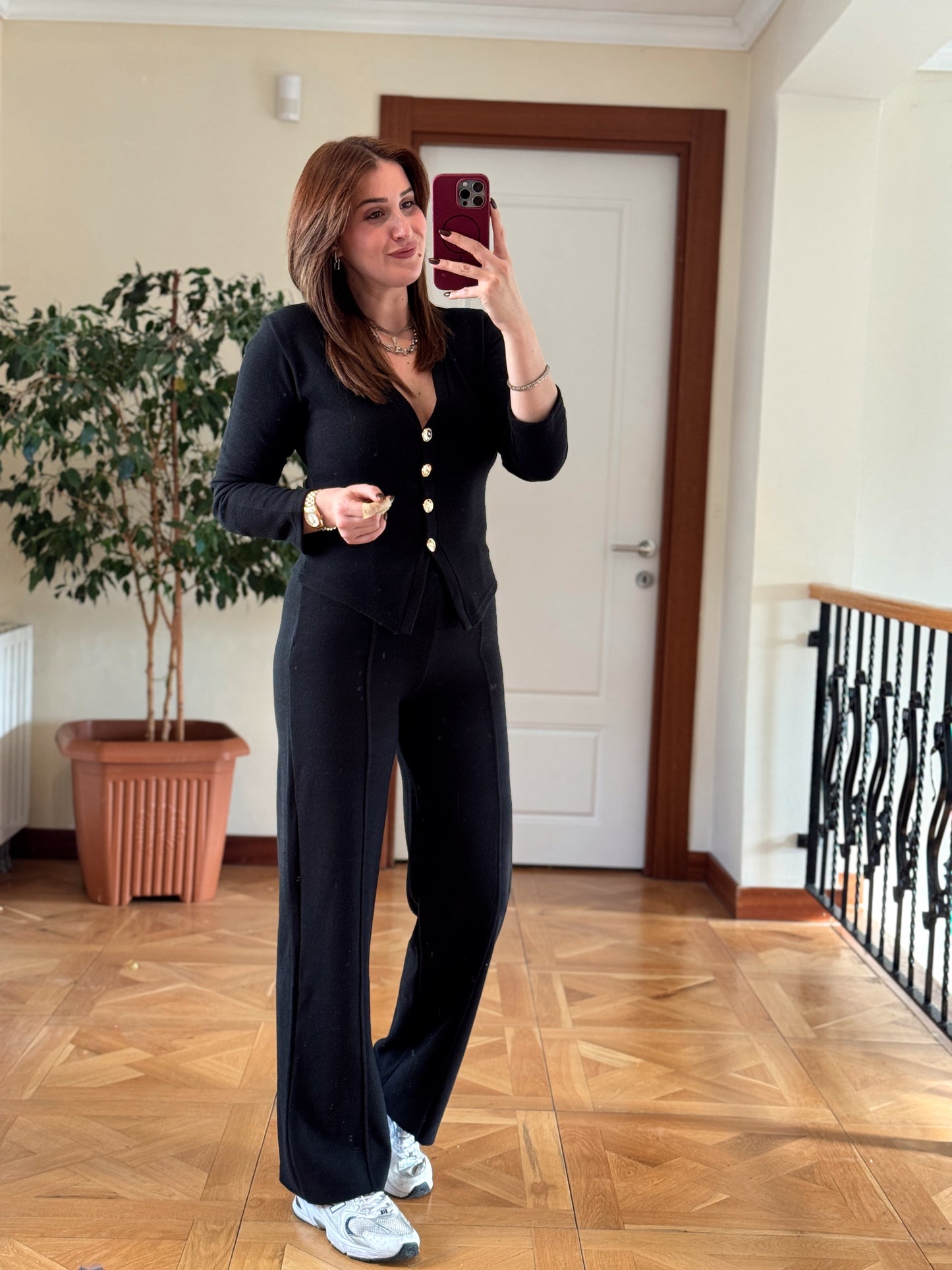 Selanik önü düğmeli ceket çimalı pantolon takım-SİYAH