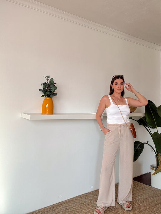 Bel lastik detaylı bol paça keten pantolon -TAŞ