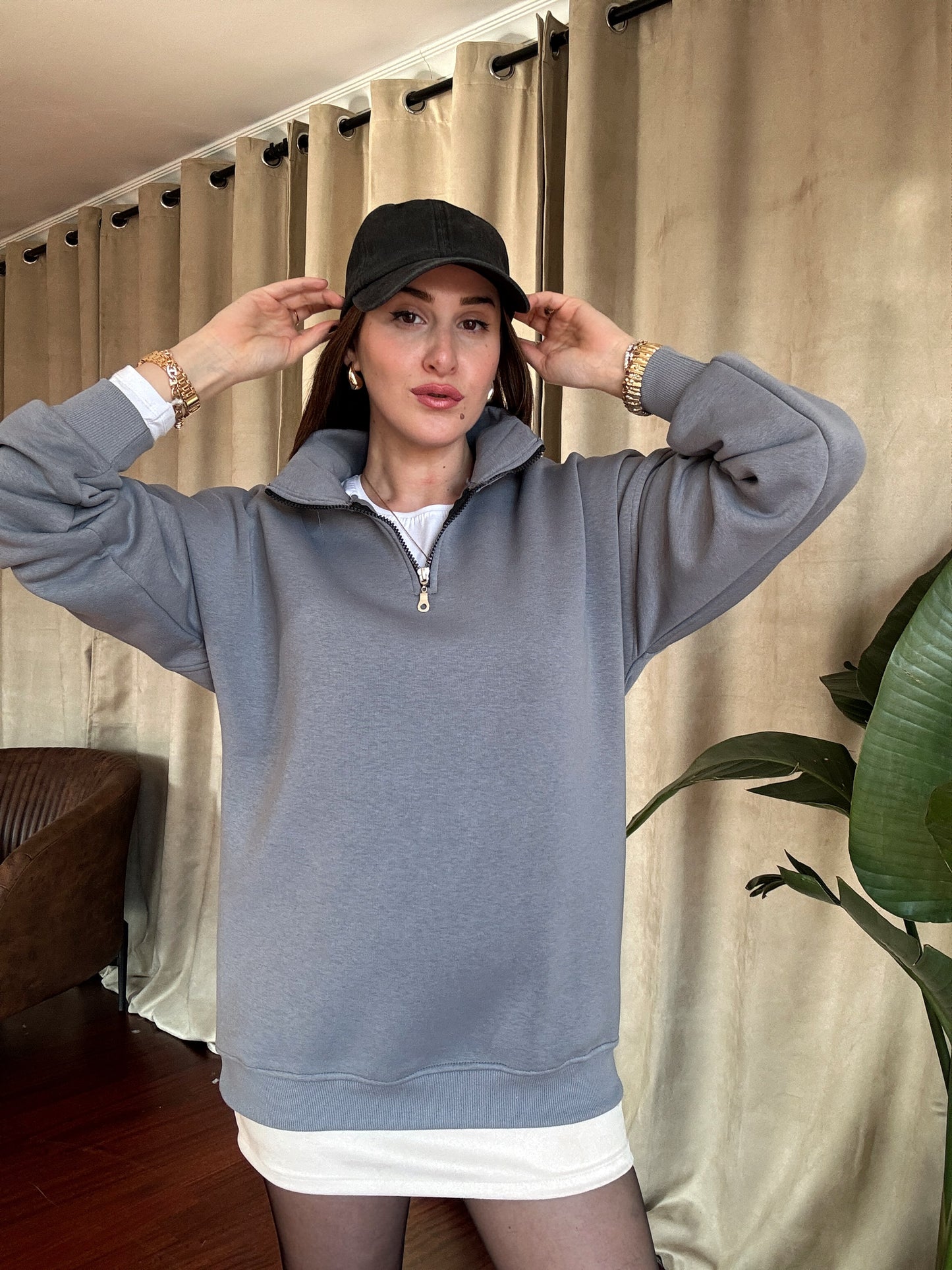 3 İplik Şardonlu Yarım Fermuarlı Sweatshirt - GRİ