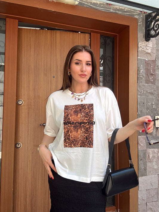 Leopar baskı detaylı oversize tişört BEYAZ