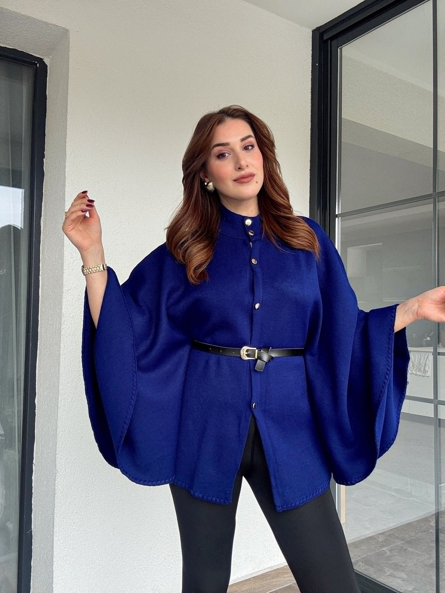 Kemerli düğmeli panço-Saks mavi