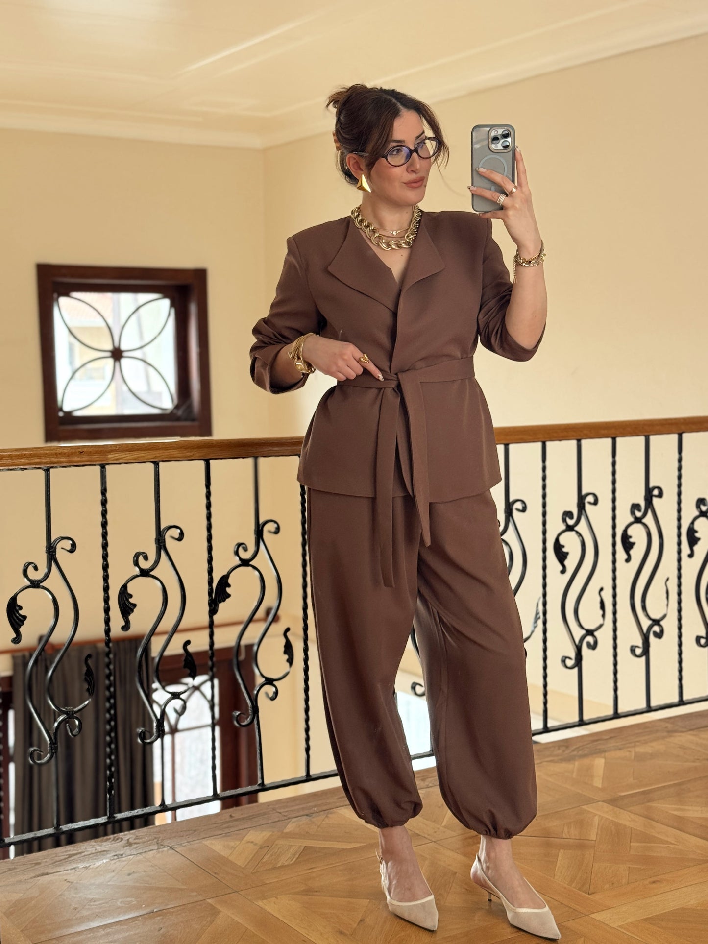 Ceket Kuşaklı Şalvar Takım-KAHVERENGİ