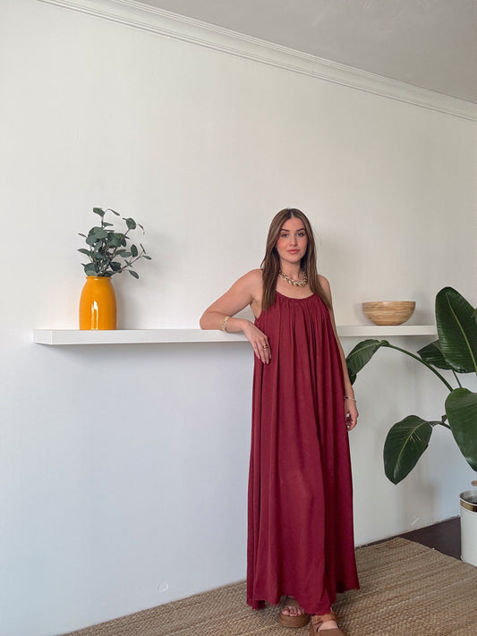 Viskon Vual İp Askılı Elbise Bordo