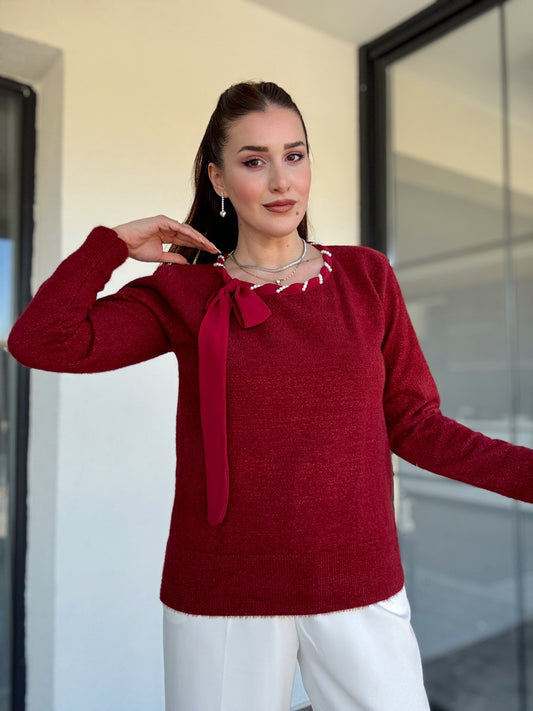 Yaka inci detaylı SİMLİ kazak BORDO