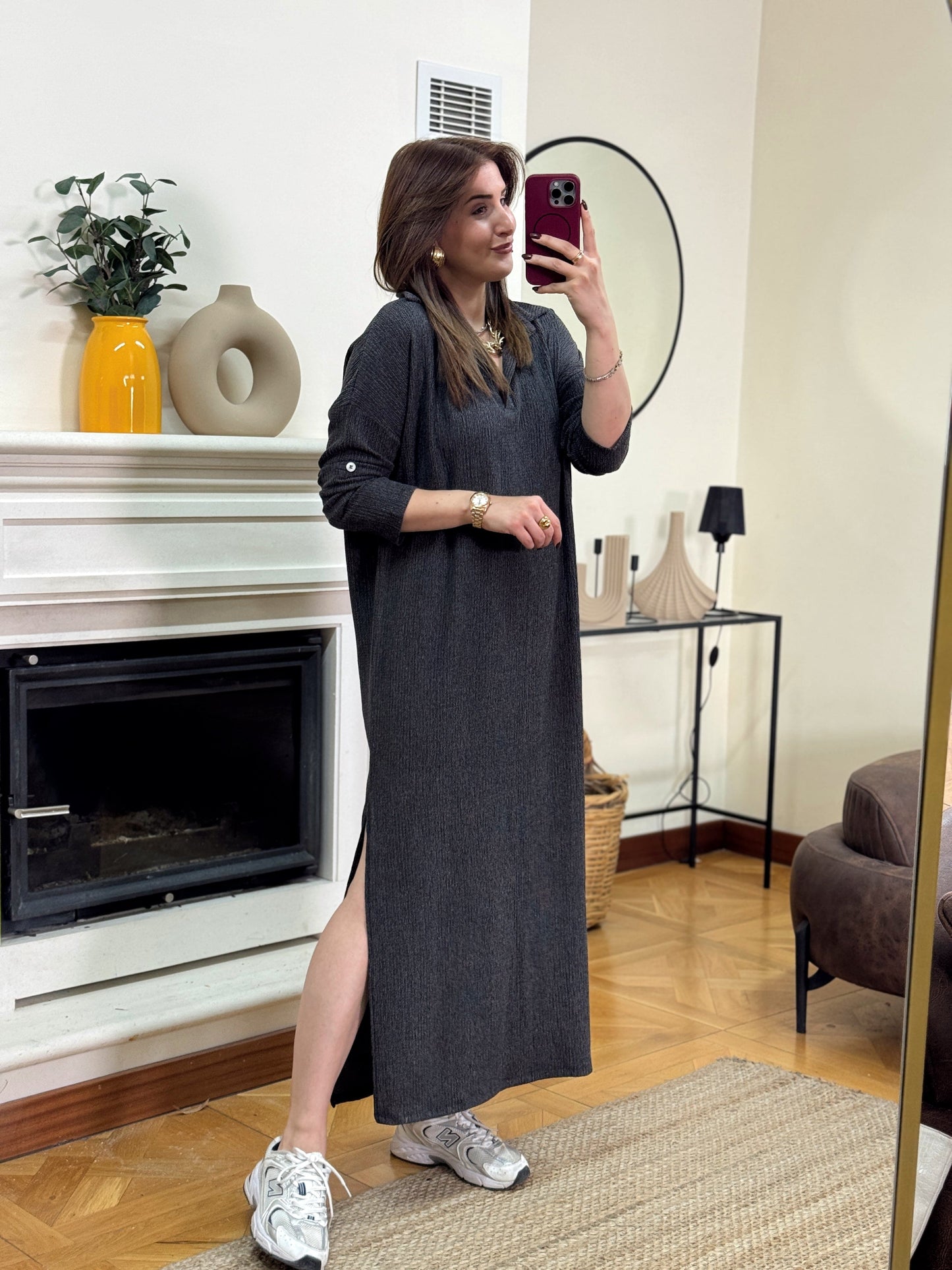 Polo yaka çift yıtmaç elbise-ANTRASİT