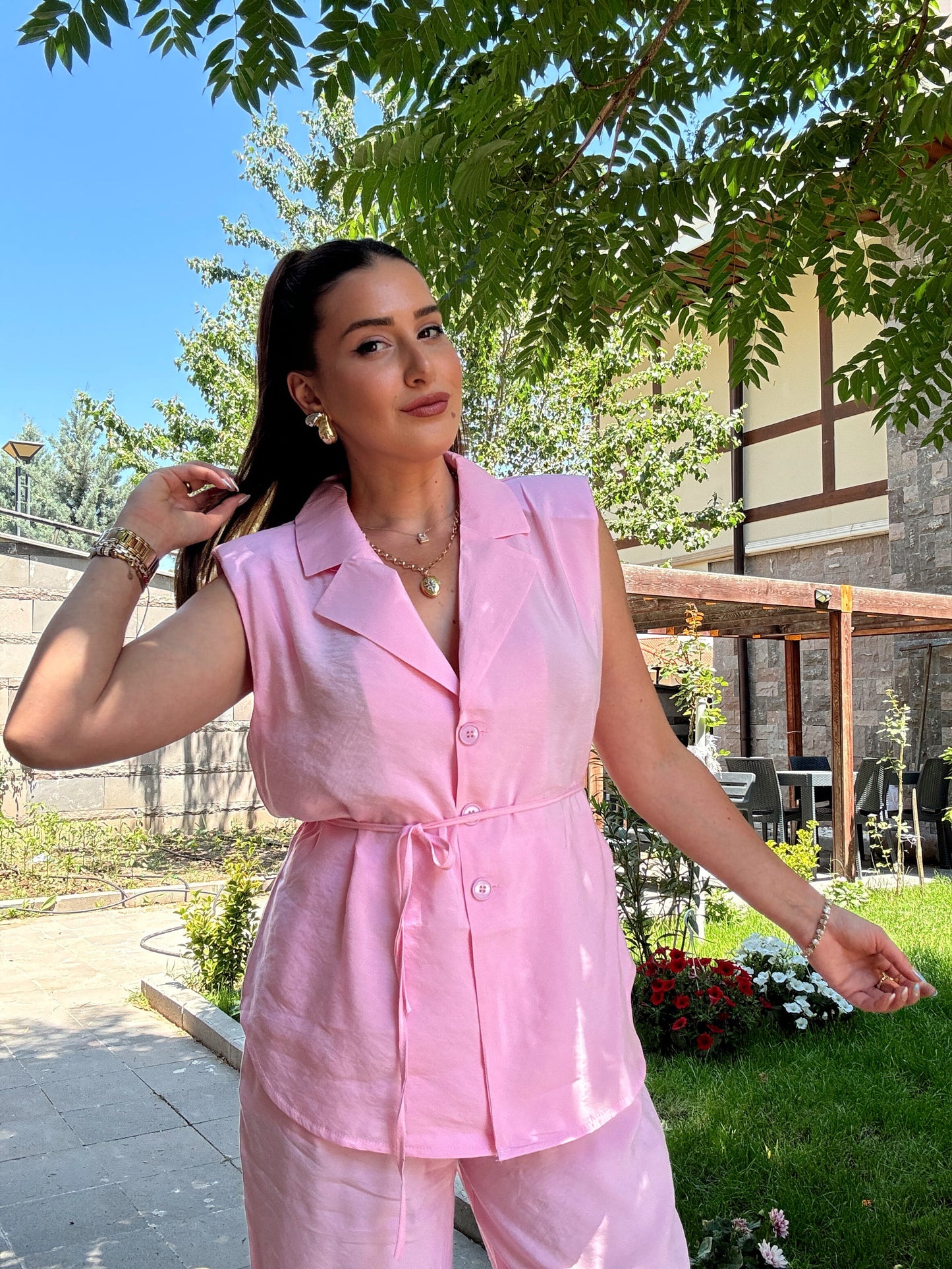 BRUCE tensel kumaş kemerli takım PEMBE