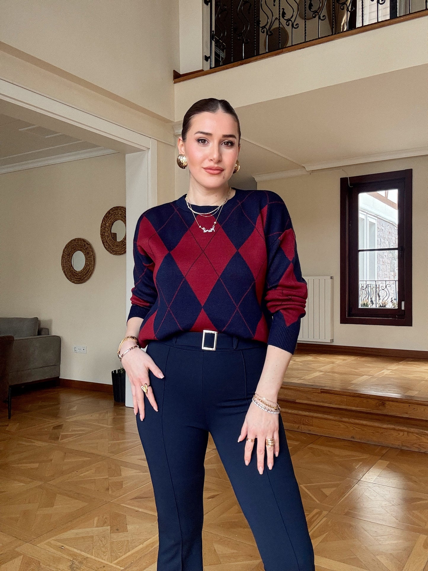 Pike Örgü Baklava Desenli Kazak Lacivert