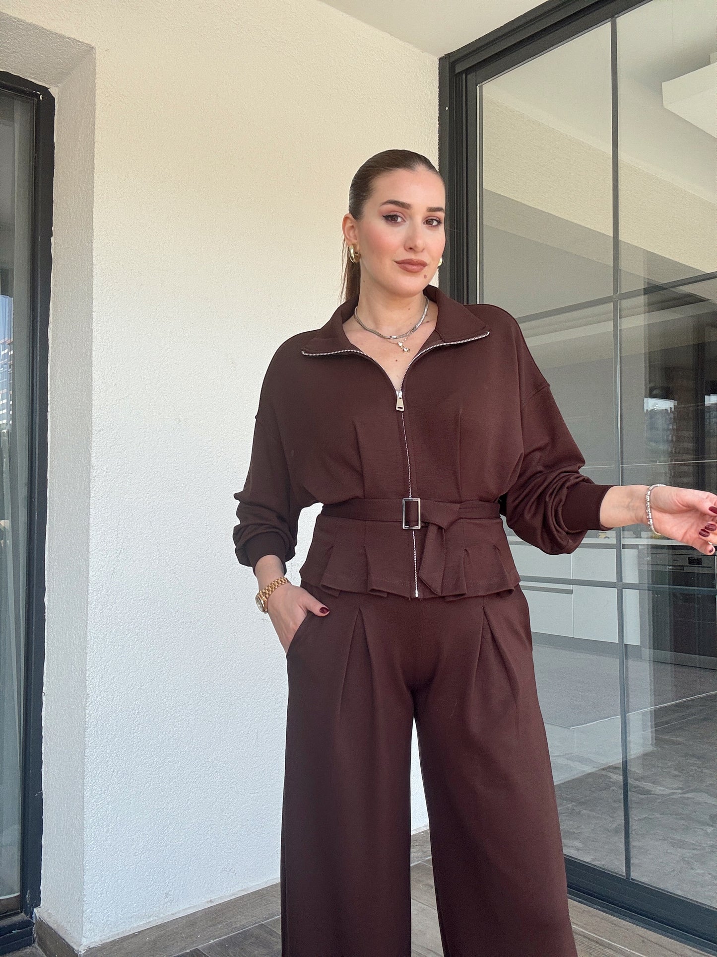 Modal kumaş dik yaka etek pileli ceket pantolon takım-KAHVERENGİ