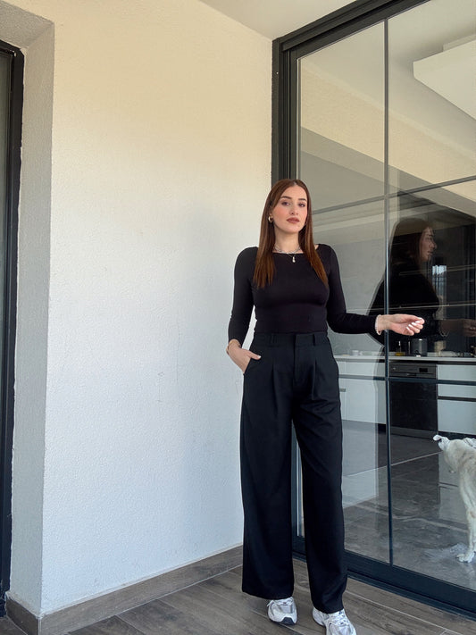 Çıtçıt detaylı palazzo pantolon-SİYAH