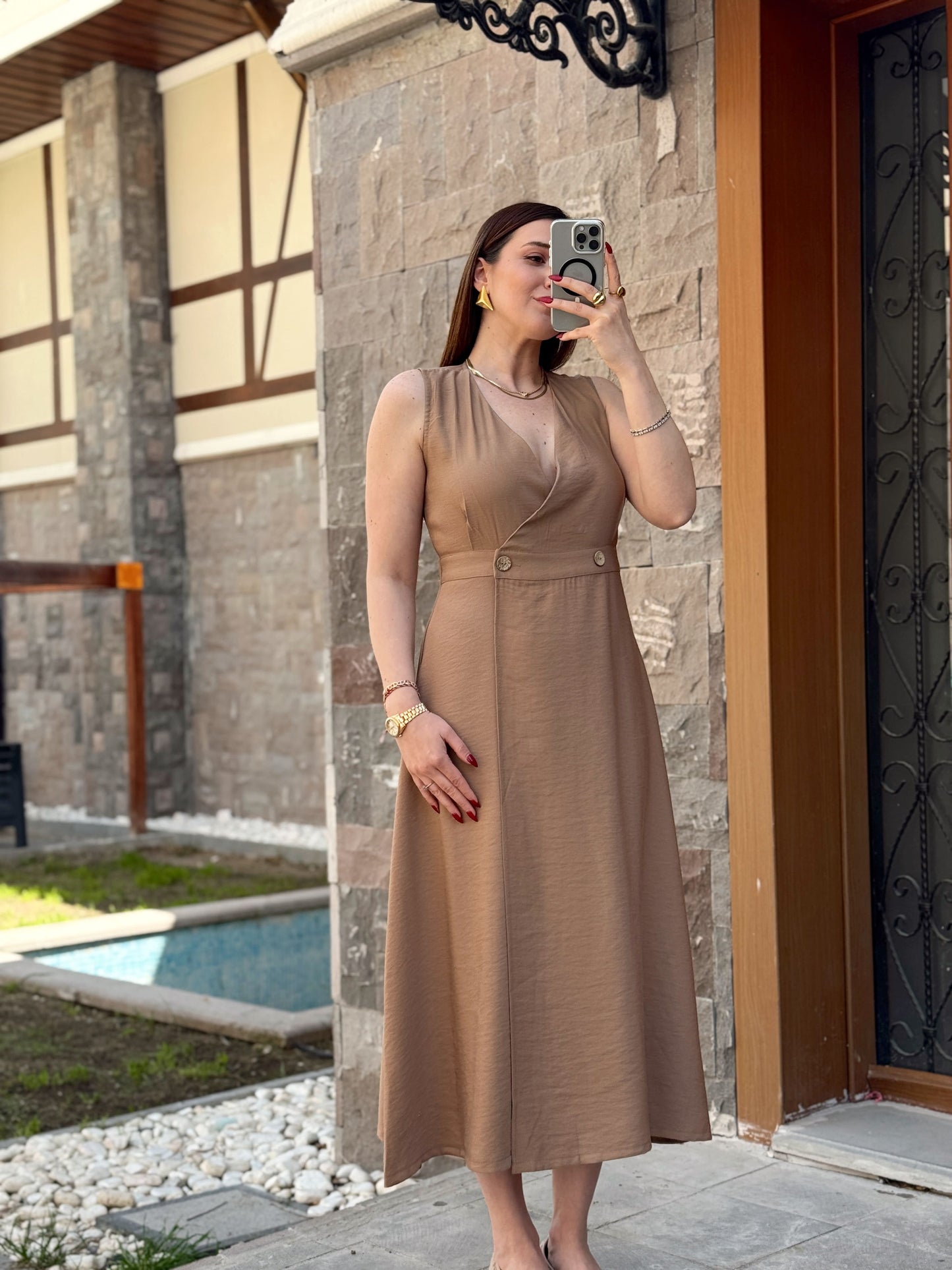 Keten düğmeli uzun elbise CAMEL
