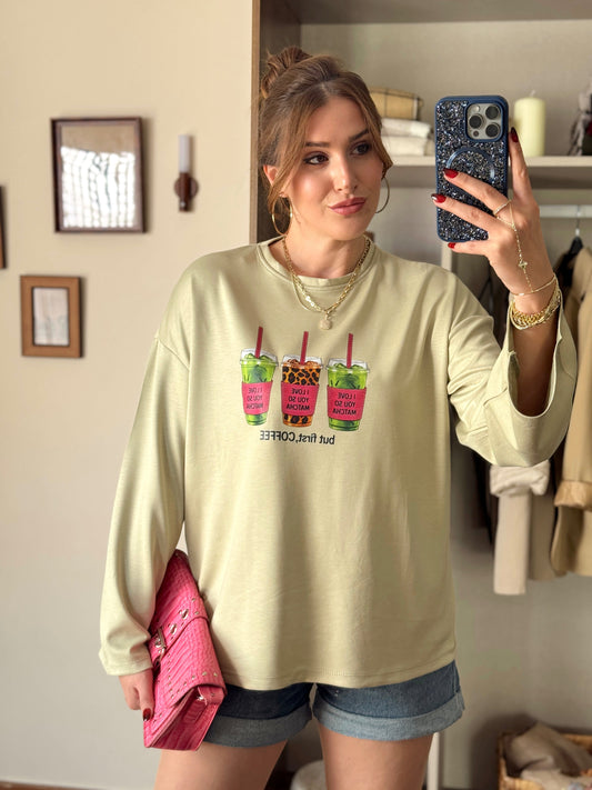 Leopar Coffe  Modal sweat Yeşil