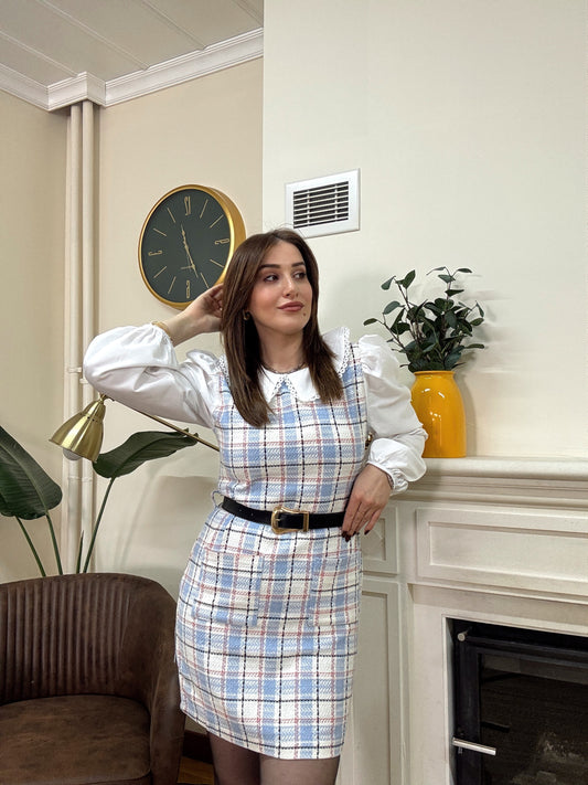 MOLLY ekose bebe yaka elbise-MAVİ