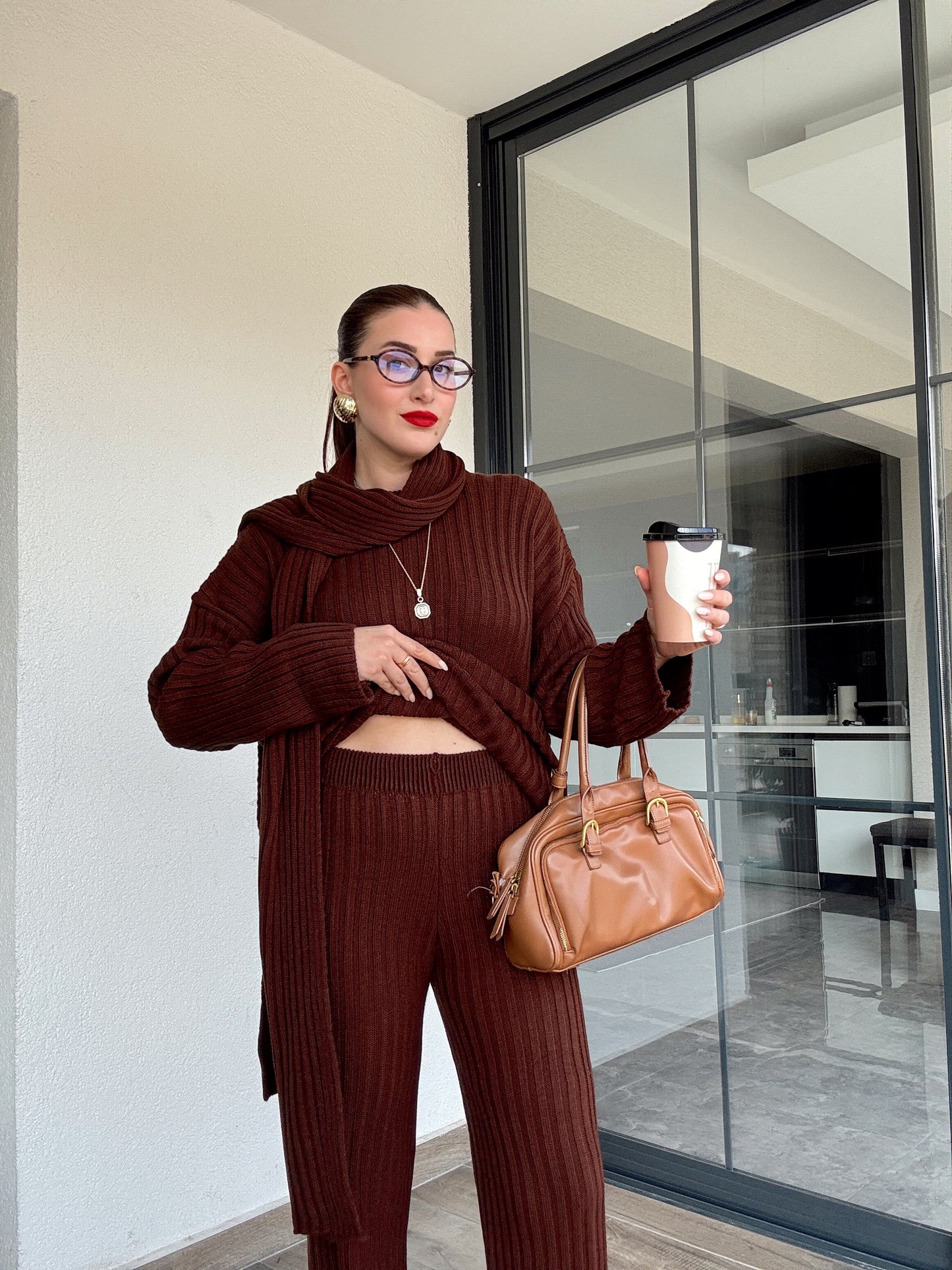 Şallı triko takım-KAHVERENGİ