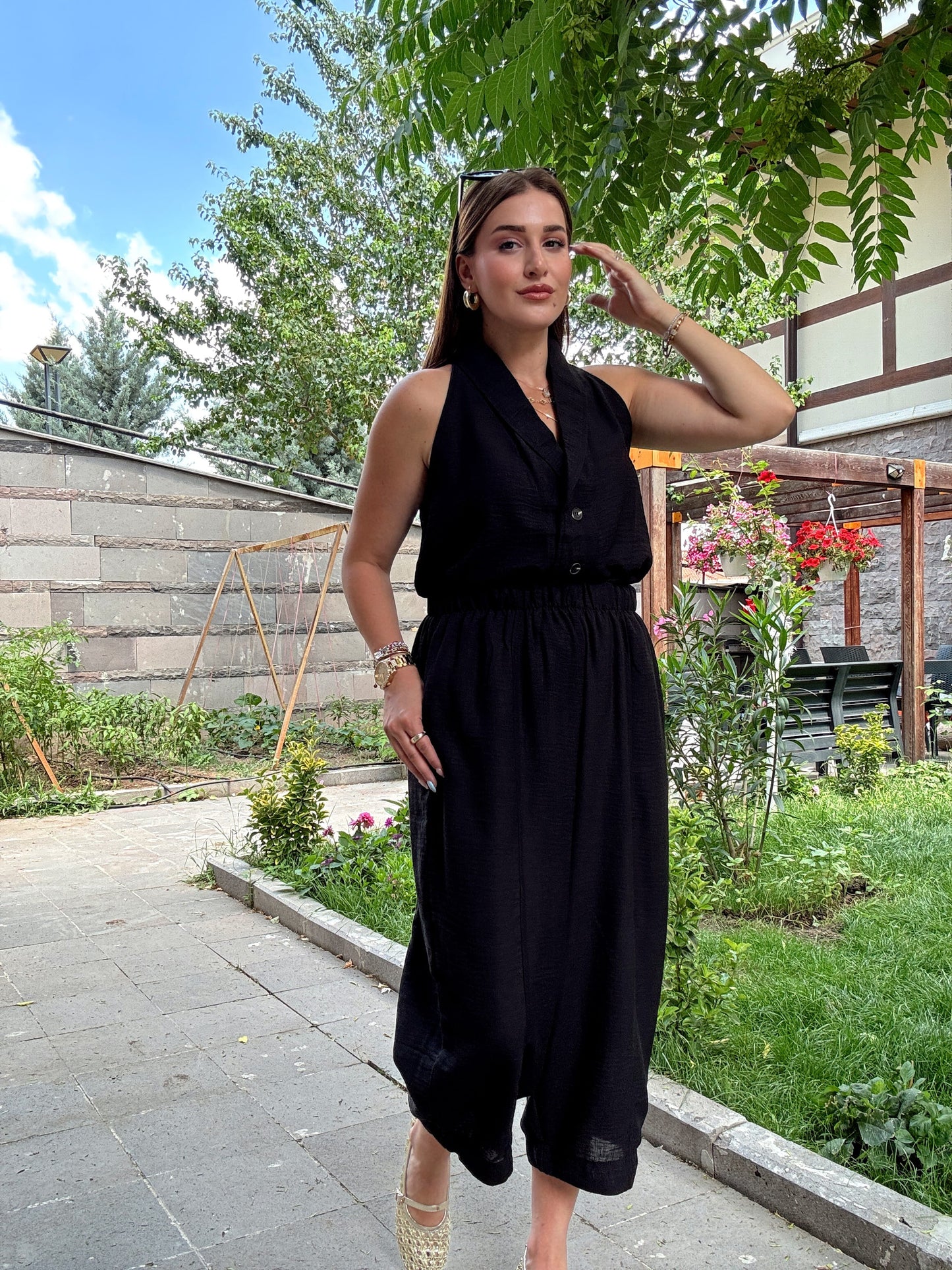 Keten düğmeli sıfır kol takım SİYAH
