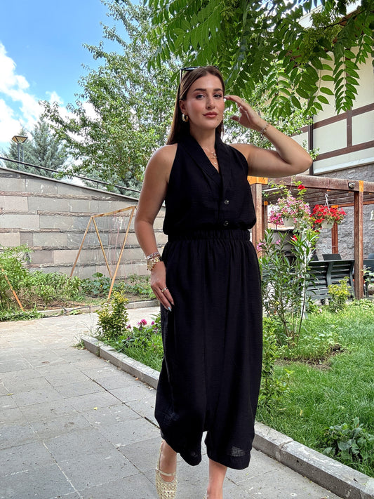 Keten düğmeli sıfır kol takım SİYAH