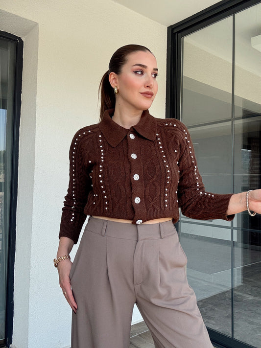 Örgü taşlı ceket-KAHVERENGİ