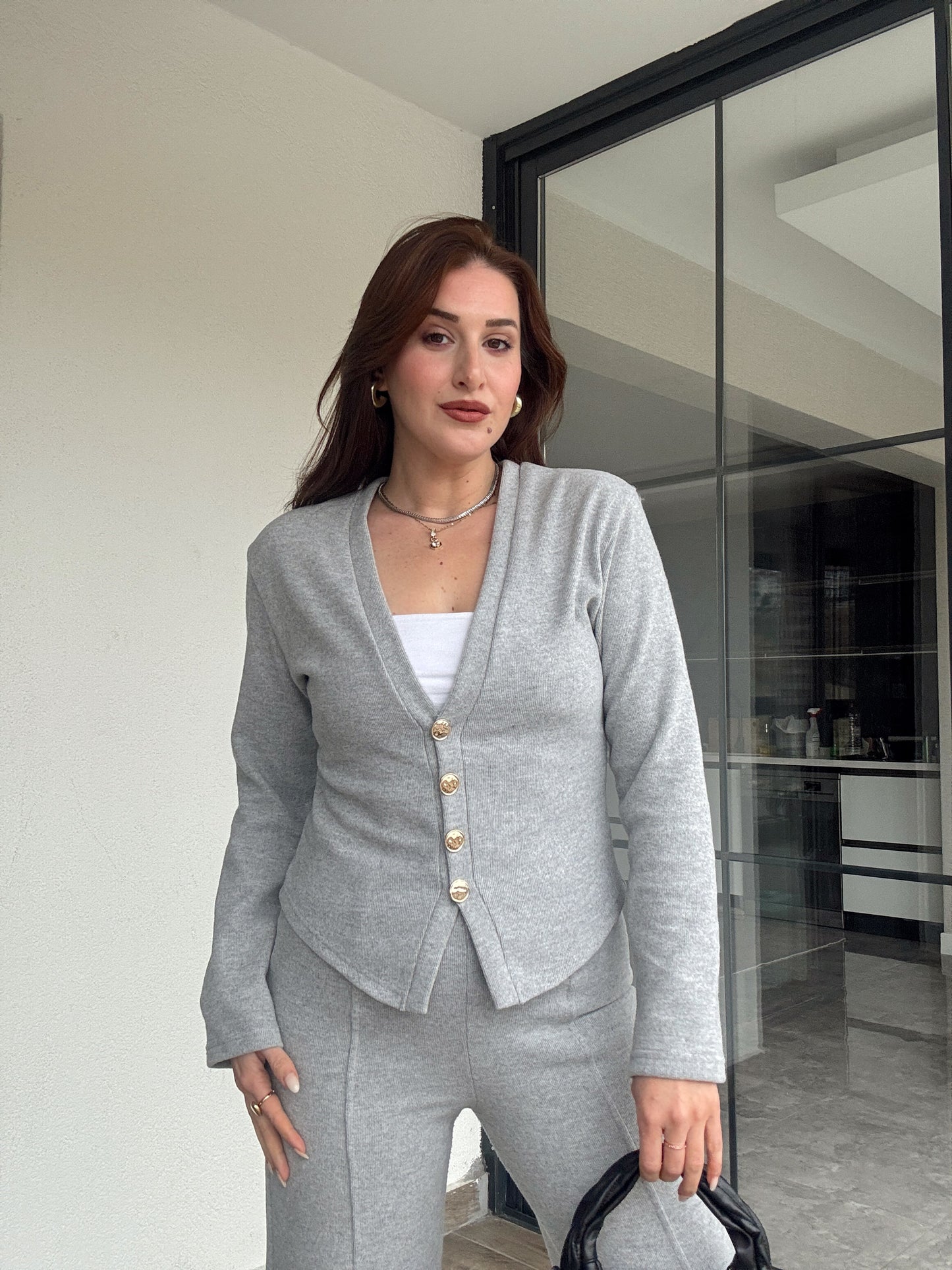 Selanik önü düğmeli ceket çimalı pantolon takım-AÇIK GRİ