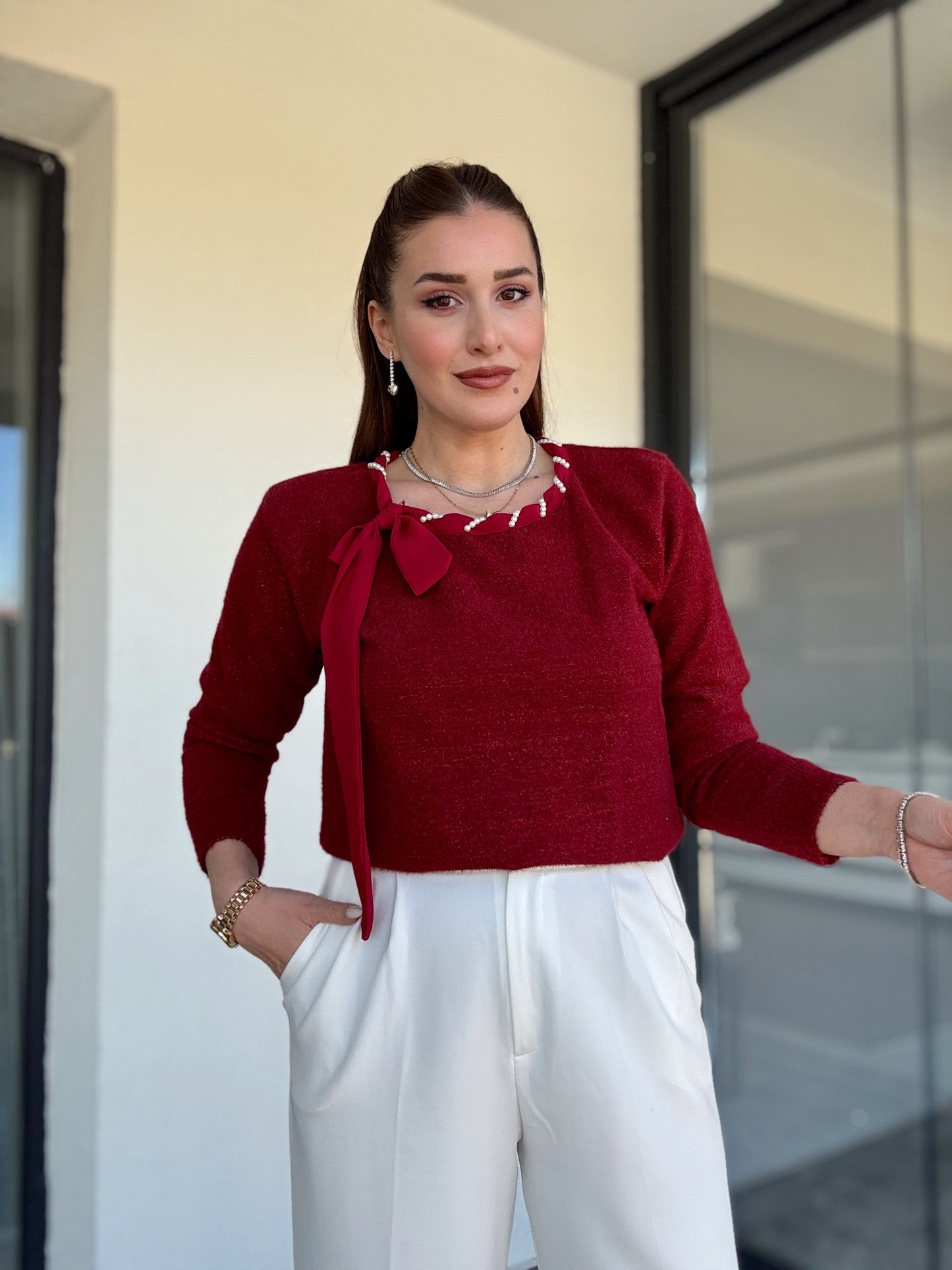 Yaka inci detaylı SİMLİ kazak BORDO