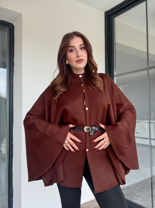 Kemerli düğmeli panço-KAHVERENGİ